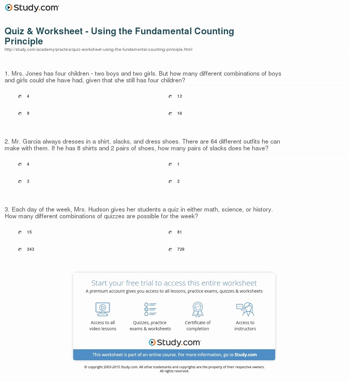 Fundamental Counting Principle Worksheet