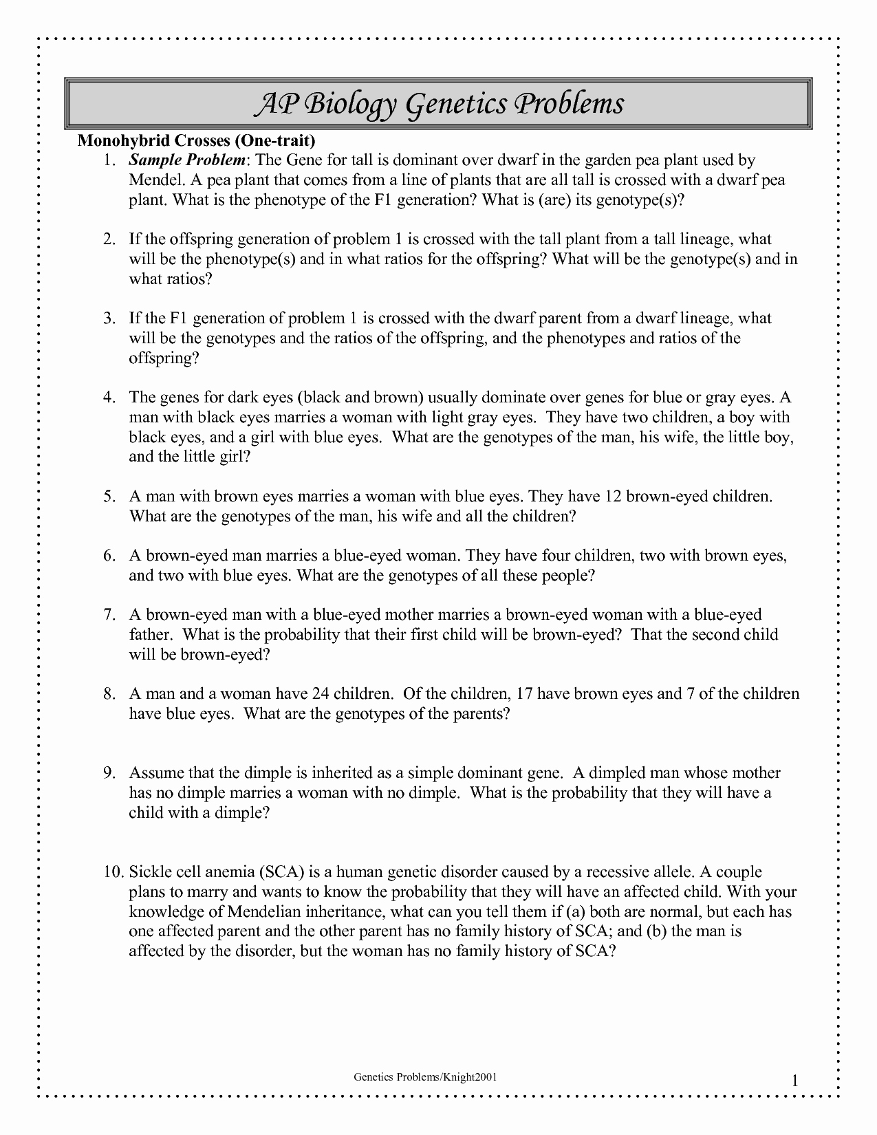 Genetics Practice Problems Simple Worksheet Awesome 15 Best Of Pedigree Problem Worksheet Answers