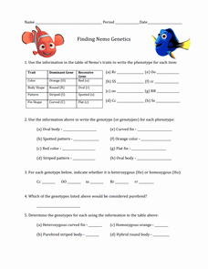 Genetics Worksheet Middle School Lovely Finding Nemo Worksheet On Genetics 7th 12th Grade