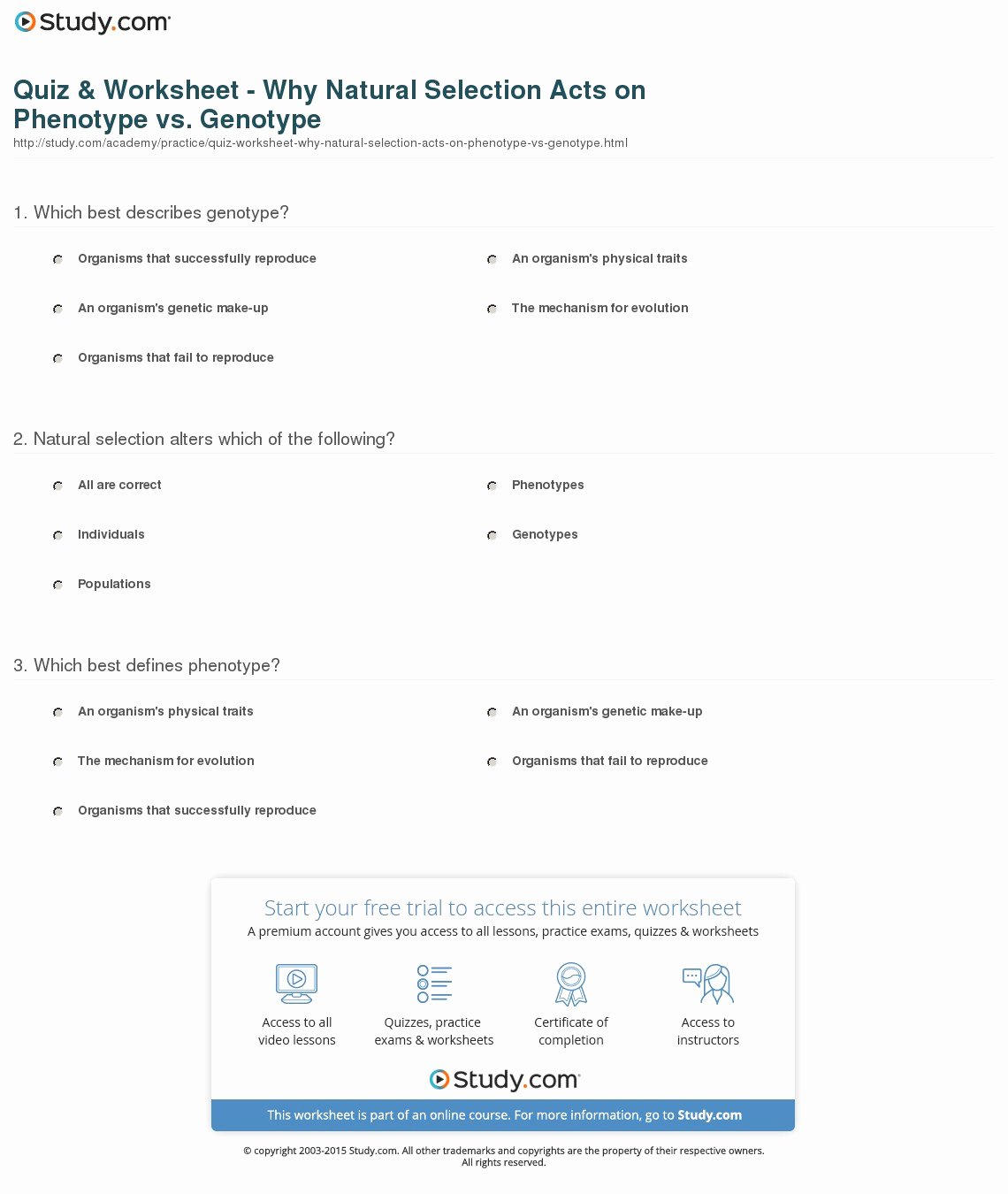 Genotypes and Phenotypes Worksheet Elegant Quiz &amp; Worksheet why Natural Selection Acts On Phenotype