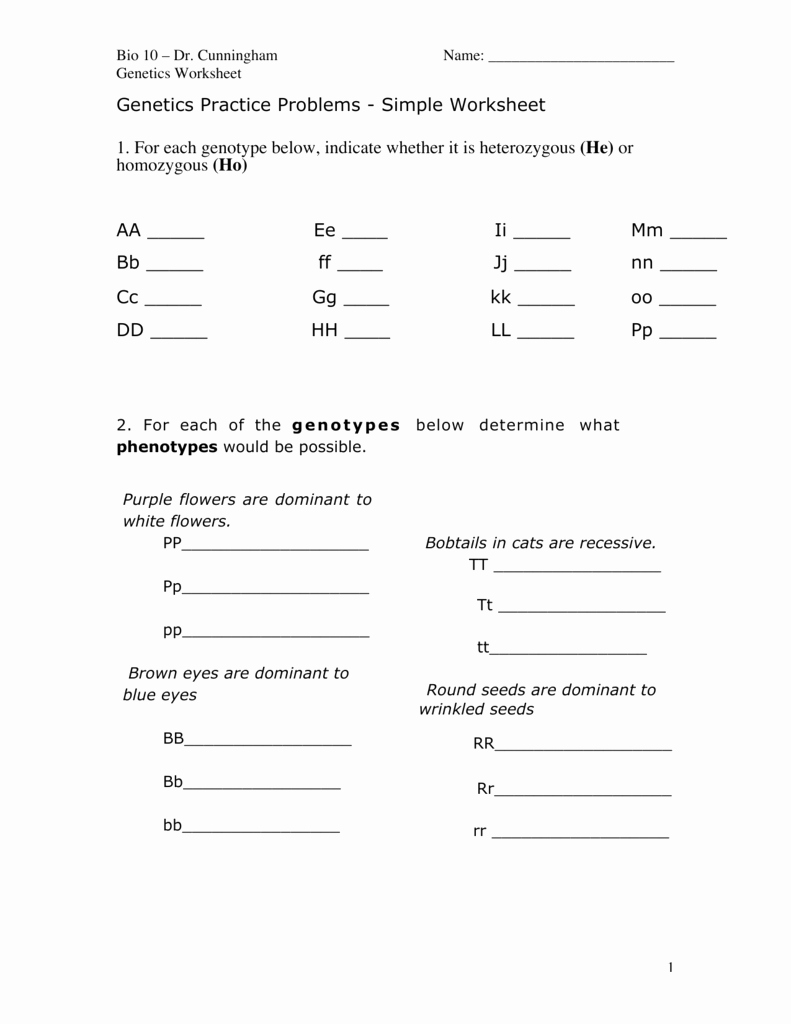 Genotypes and Phenotypes Worksheet Inspirational Genetics Practice Problems Simple Worksheet 1 for Each