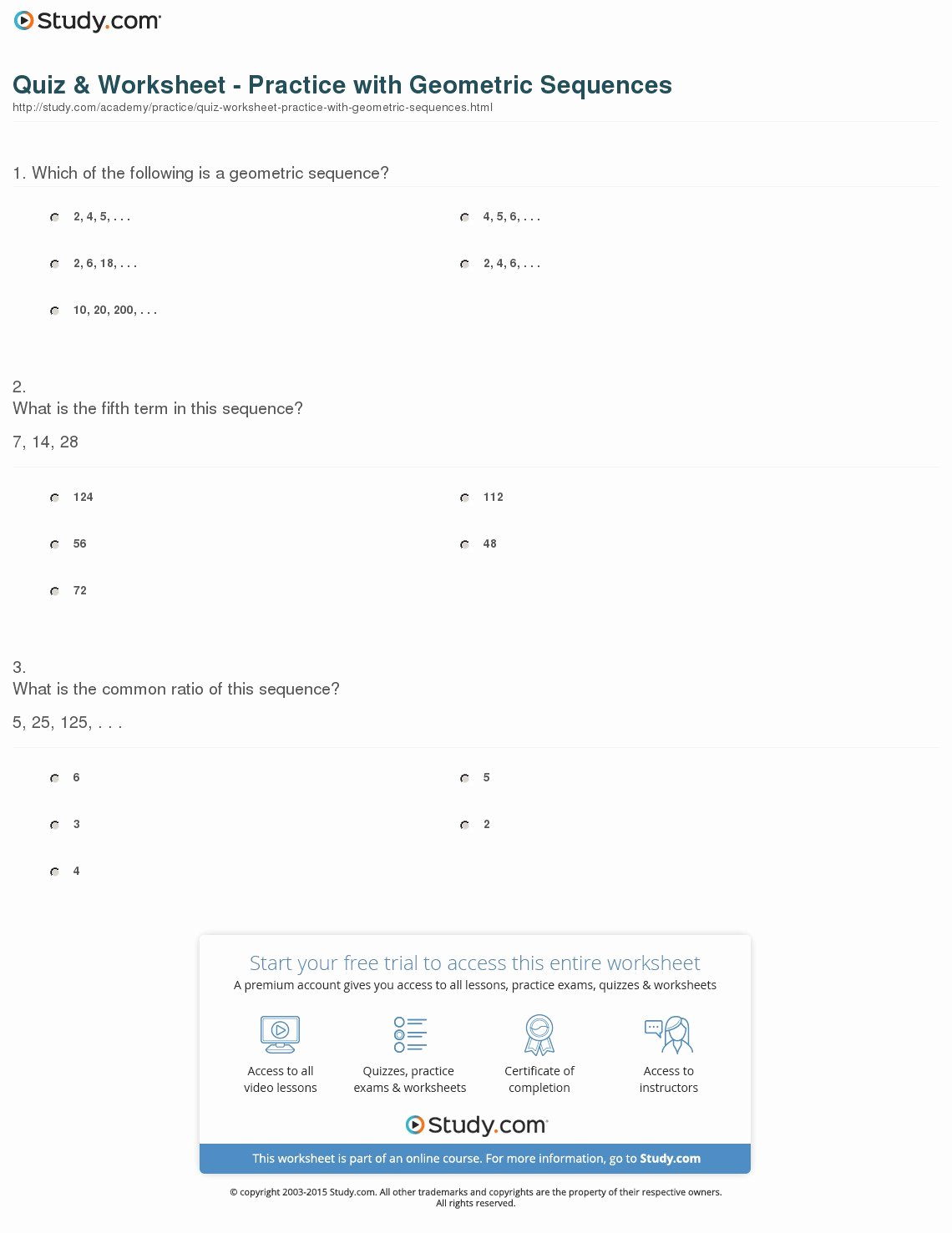 Geometric and Arithmetic Sequence Worksheet Awesome Quiz &amp; Worksheet Practice with Geometric Sequences