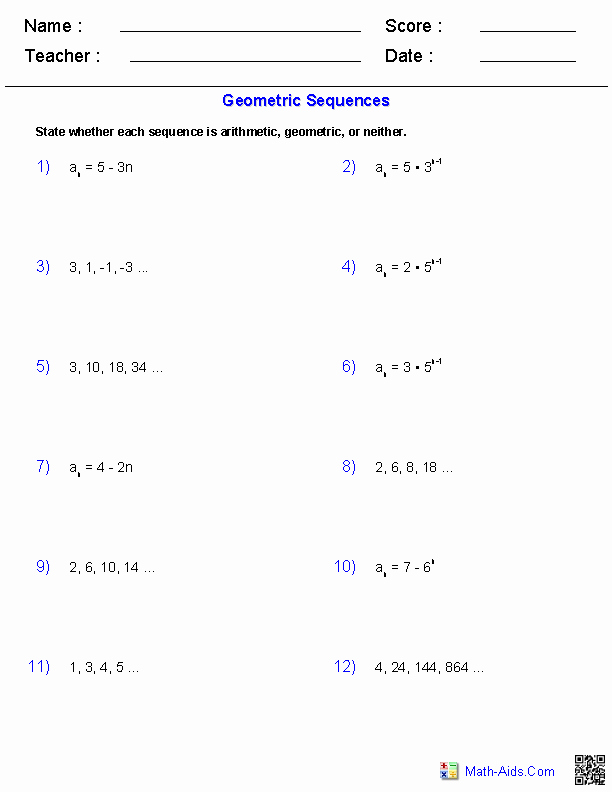 Geometric and Arithmetic Sequence Worksheet Unique Algebra 2 Worksheets