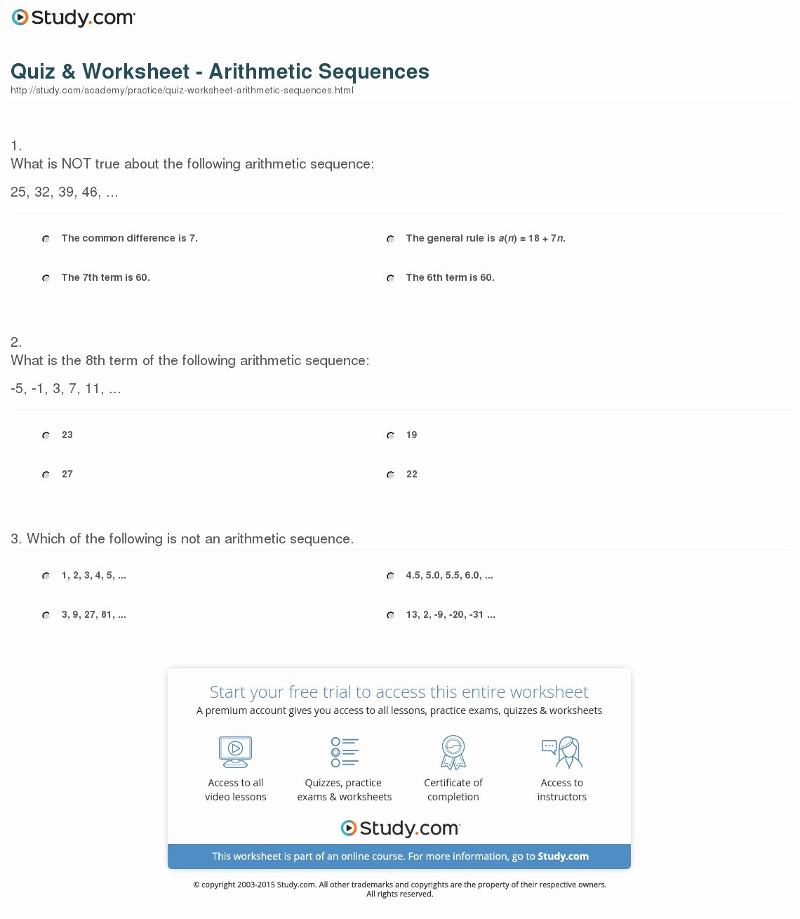 Geometric and Arithmetic Sequences Worksheet Beautiful Quiz &amp; Worksheet Arithmetic Sequences