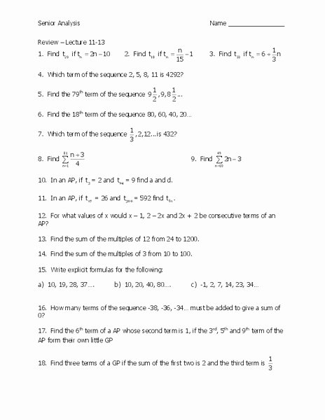 Geometric and Arithmetic Sequences Worksheet Elegant Arithmetic and Geometric Sequences Worksheet for 11th