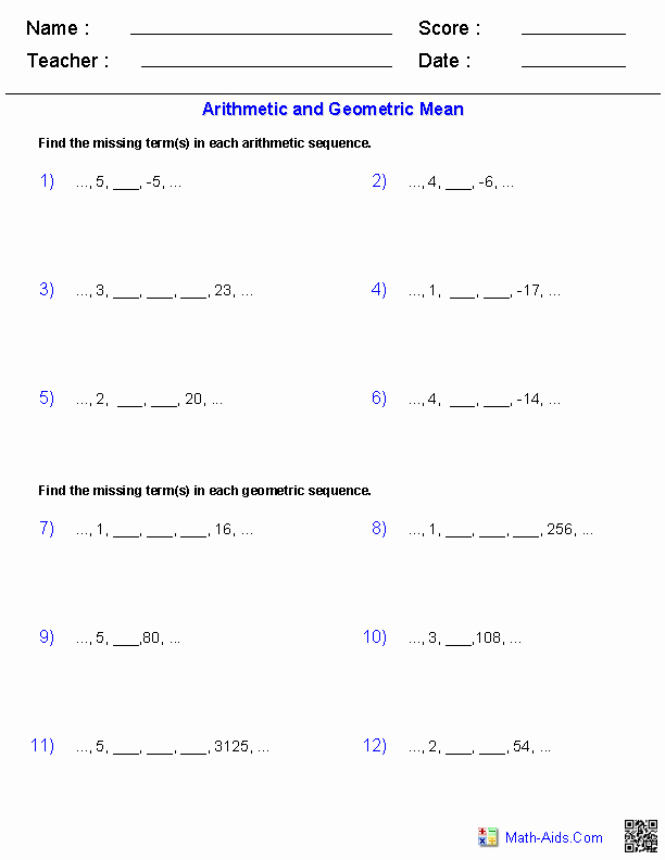 Geometric Sequence and Series Worksheet Beautiful Arithmetic and Geometric Means with Sequences Worksheets