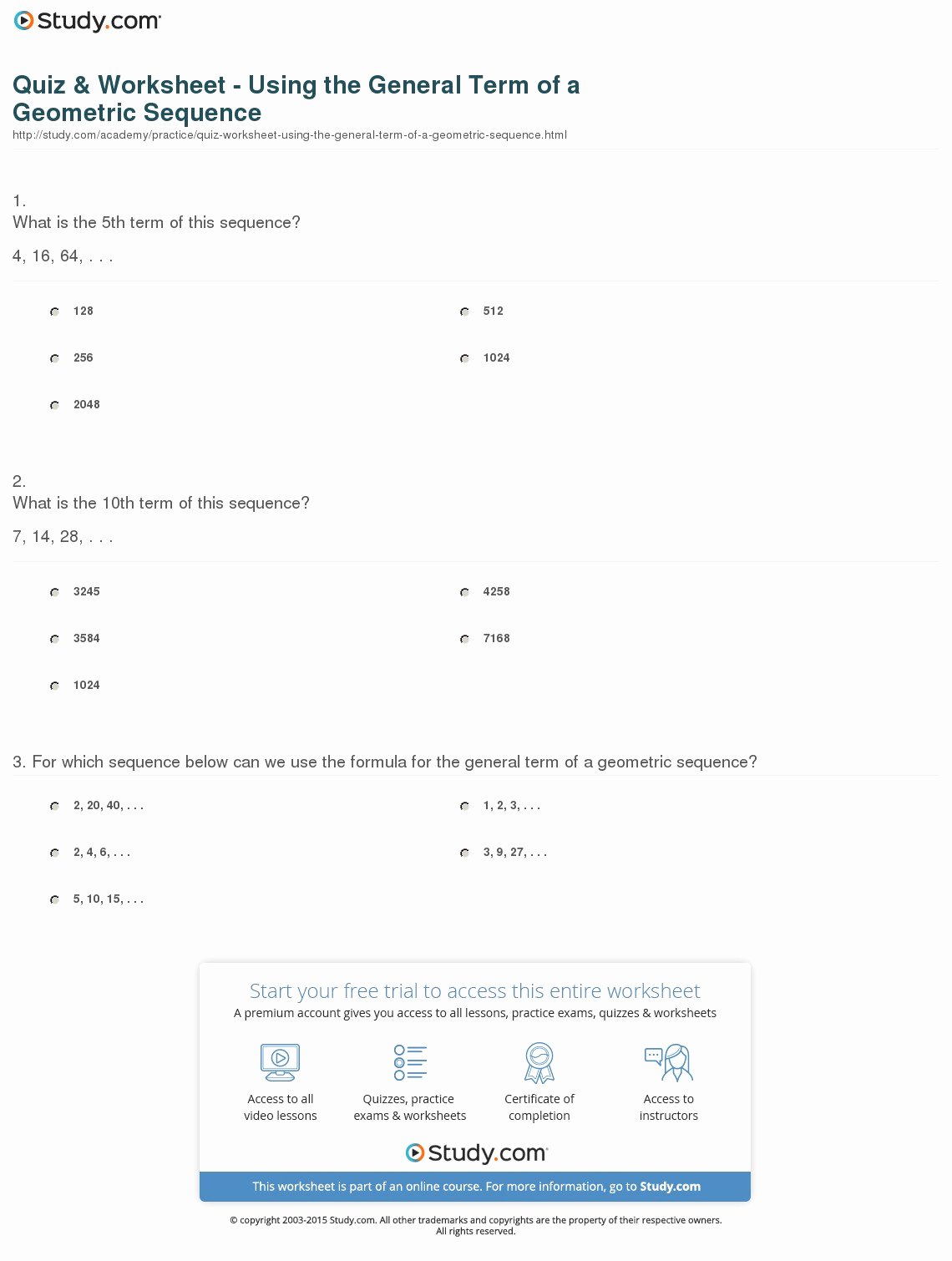 Geometric Sequence and Series Worksheet Elegant Quiz &amp; Worksheet Using the General Term Of A Geometric