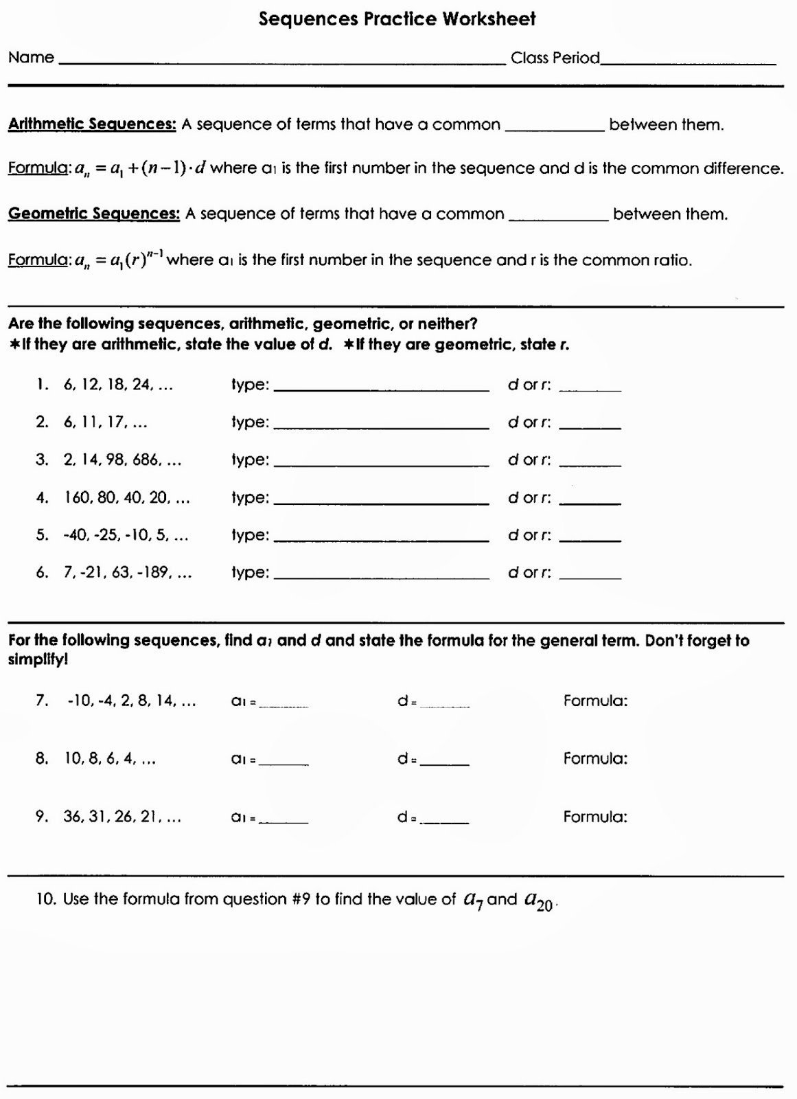 Geometric Sequence Practice Worksheet Beautiful Mr Matt S Math Classes assignment Sequences Practice