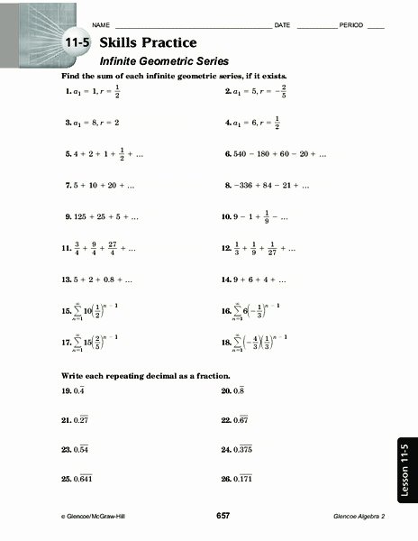 Geometric Sequence Practice Worksheet Lovely 11 5 Skills Practice Infinite Geometric Series Worksheet