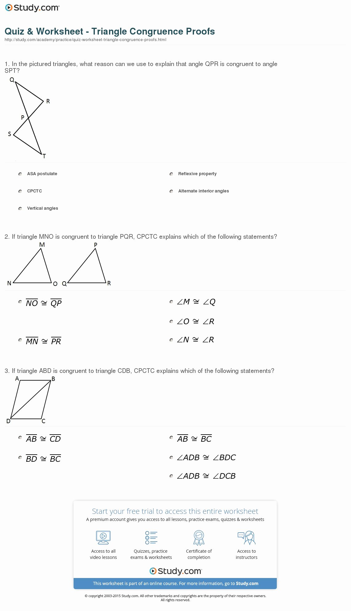 Geometry Proof Practice Worksheet Beautiful Quiz &amp; Worksheet Triangle Congruence Proofs