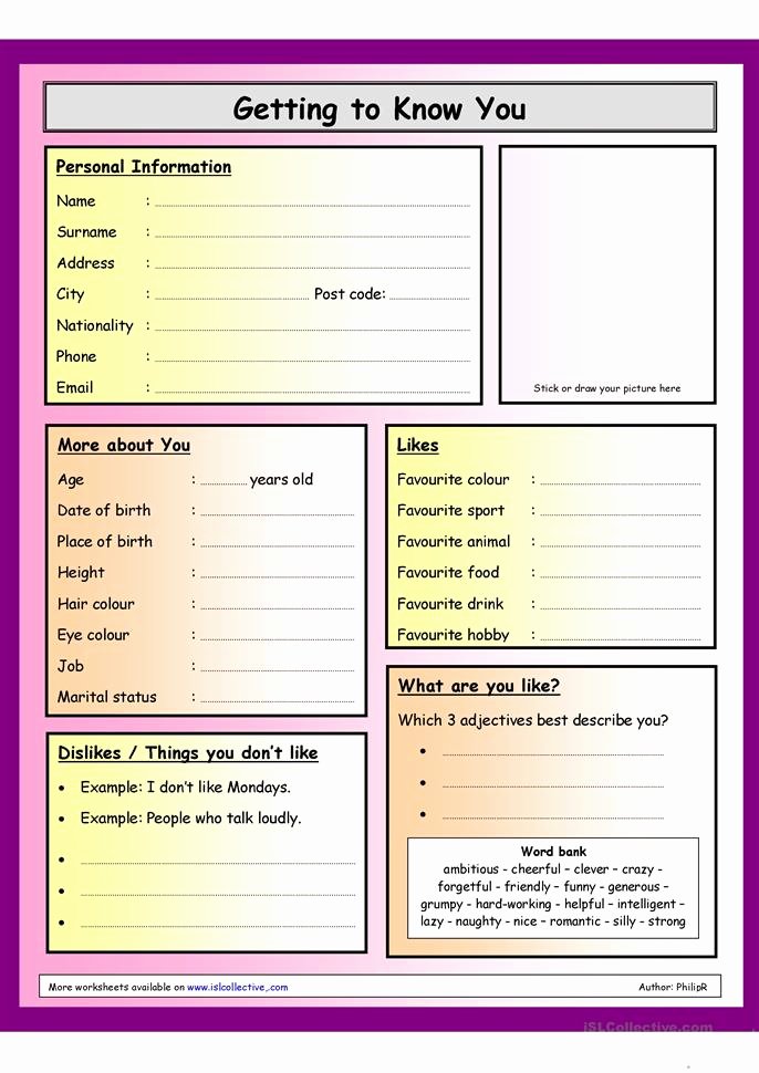 Getting to Know You Worksheet Awesome Getting to Know You Questionnaire Worksheet Free Esl
