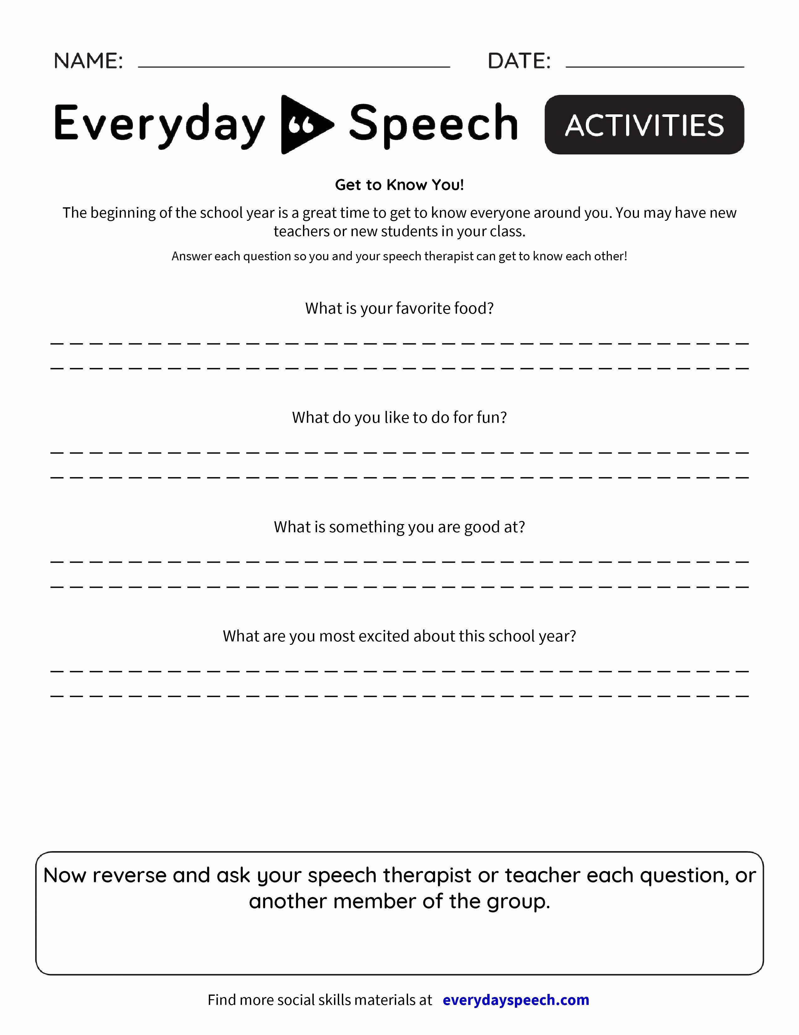 Getting to Know You Worksheet Fresh Get to Know You Everyday Speech Everyday Speech
