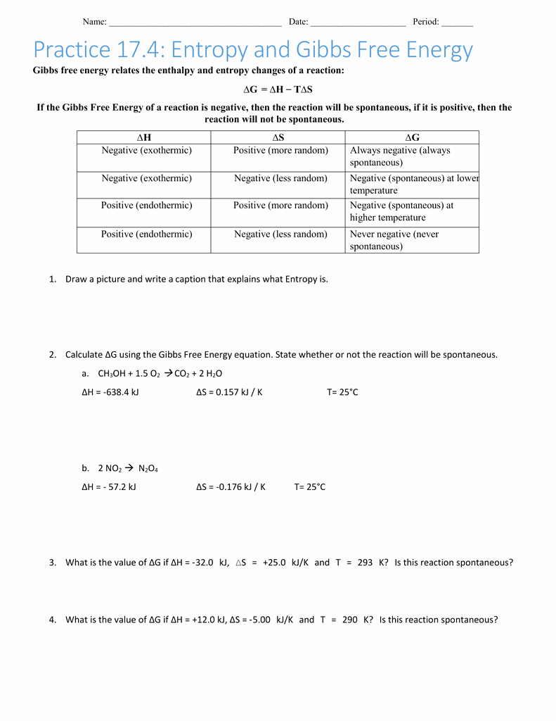 Gibbs Free Energy Worksheet Fresh Printables Of Gibbs Free Energy Worksheet with Answers