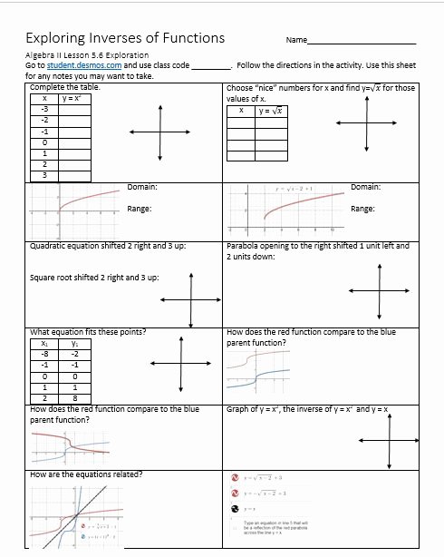 Graphing Inverse Functions Worksheet Best Of Explore Inverses Of Functions Quadratics and Square Roots