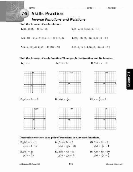 Graphing Inverse Functions Worksheet Fresh 7 8 Skills Practice Inverse Functions and Relations