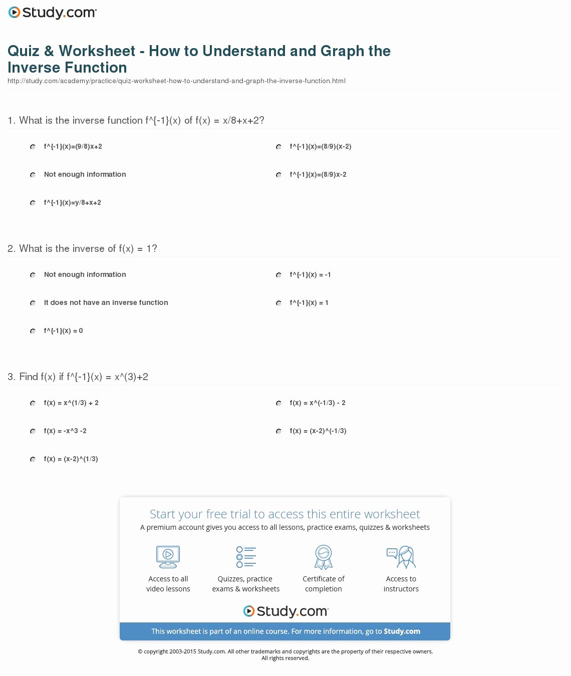 Graphing Inverse Functions Worksheet Luxury Quiz &amp; Worksheet How to Understand and Graph the Inverse
