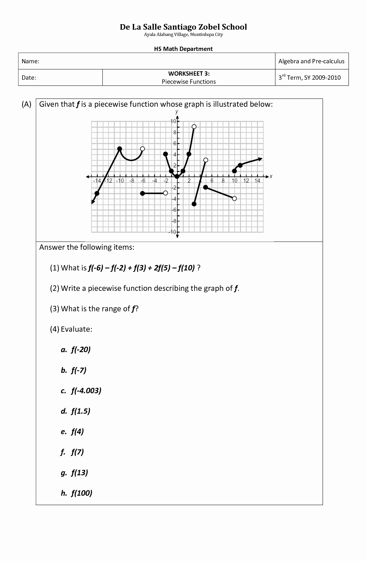 Graphing Piecewise Functions Worksheet Beautiful 10 Best Of Algebra 2 Piecewise Function Worksheets