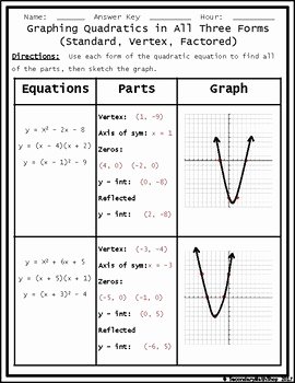 Graphing Quadratics Worksheet Answers Elegant Algebra Graphing Quadratics Using All Three forms Quick