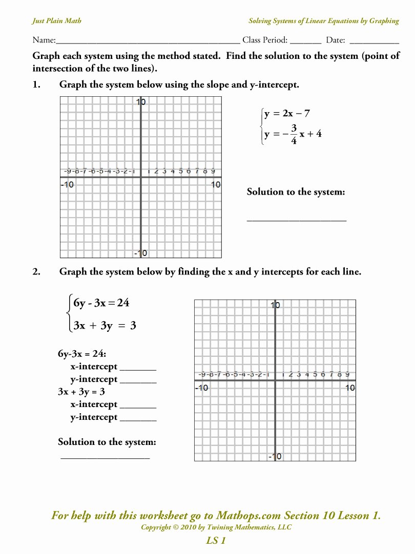 Graphing Systems Of Equations Worksheet New System Equations Graphing Worksheet