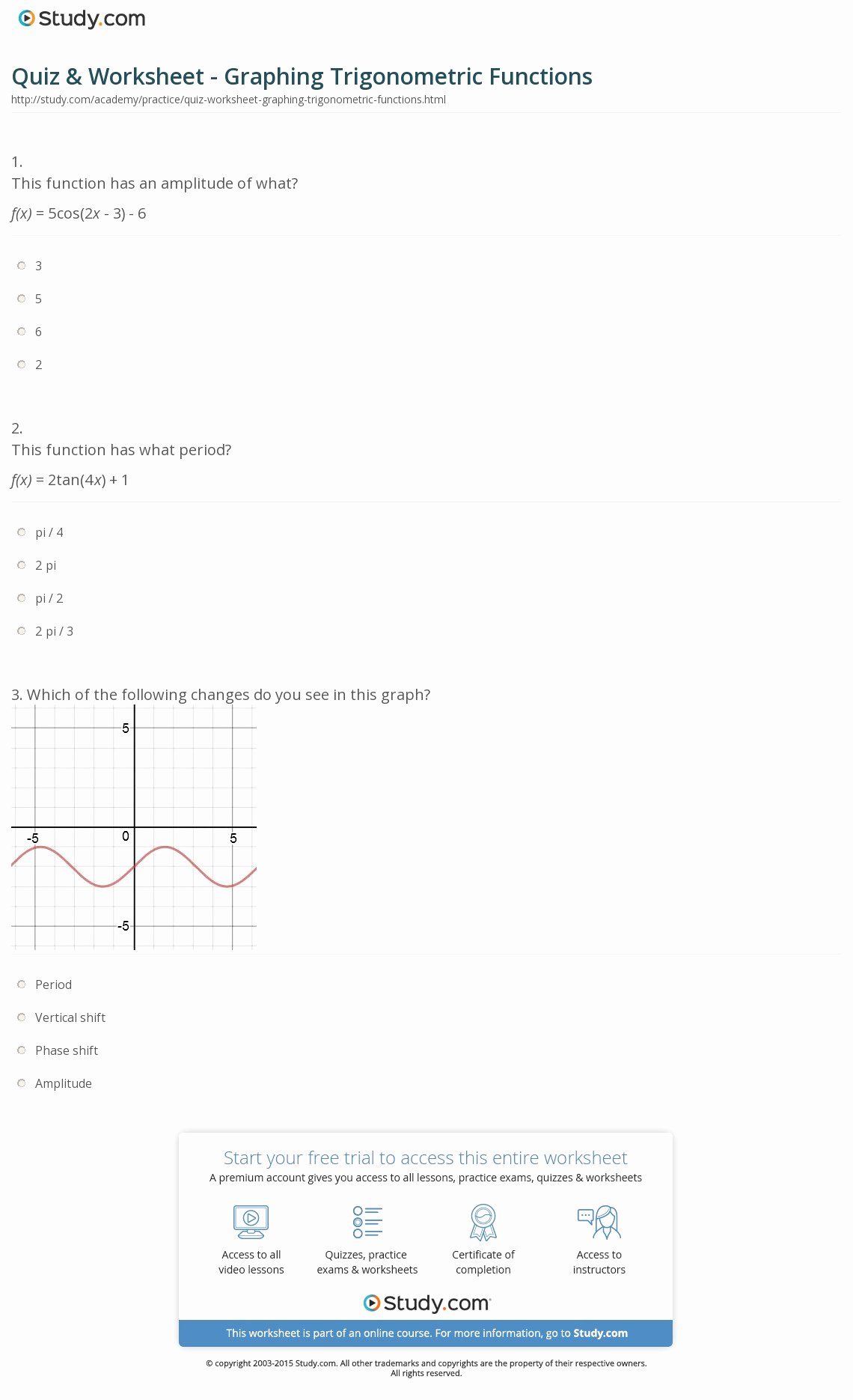 Graphing Trig Functions Worksheet Inspirational Quiz &amp; Worksheet Graphing Trigonometric Functions