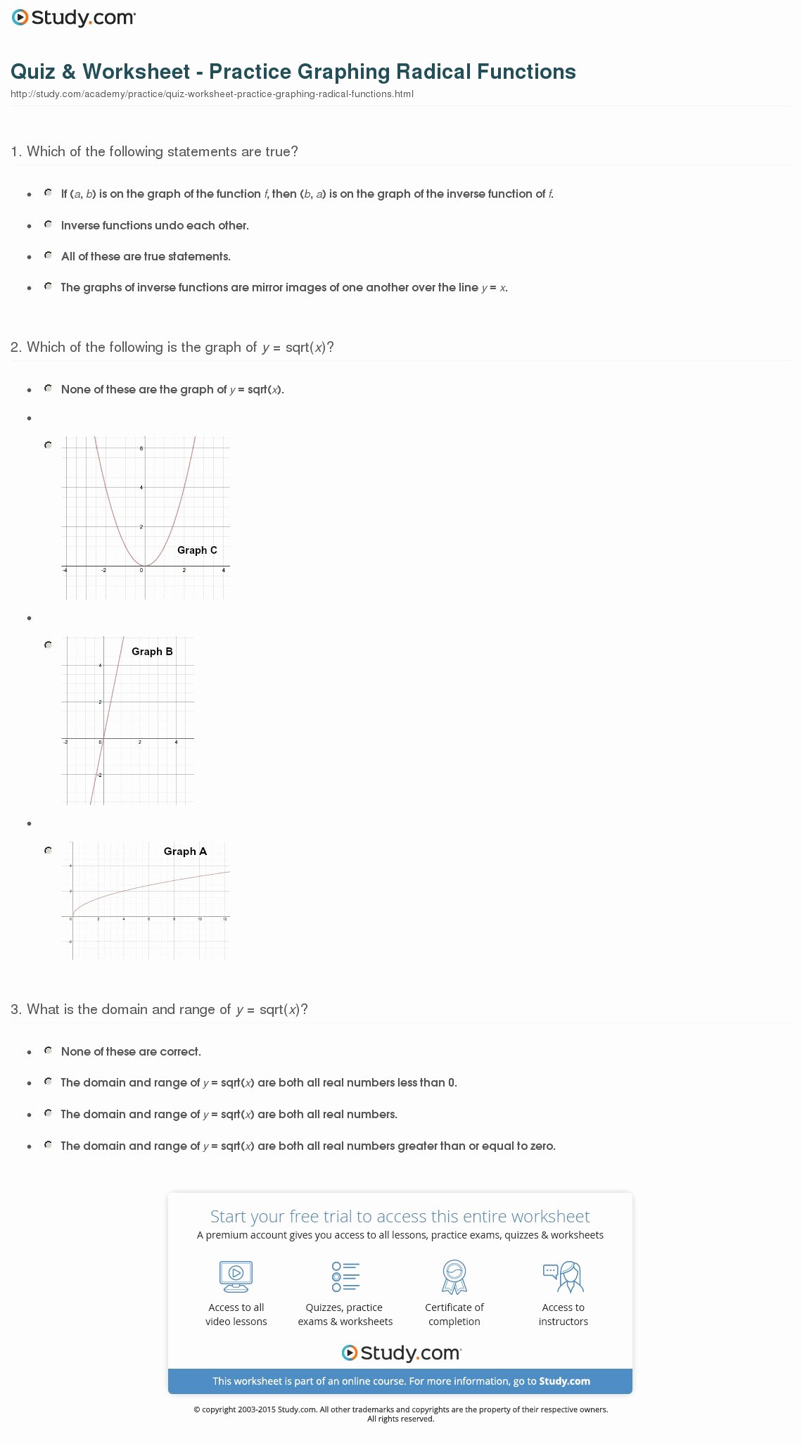 Graphs Of Functions Worksheet New Quiz &amp; Worksheet Practice Graphing Radical Functions