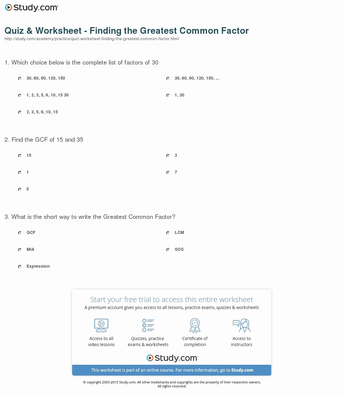 Greatest Common Factor Worksheet Awesome Quiz &amp; Worksheet Finding the Greatest Mon Factor