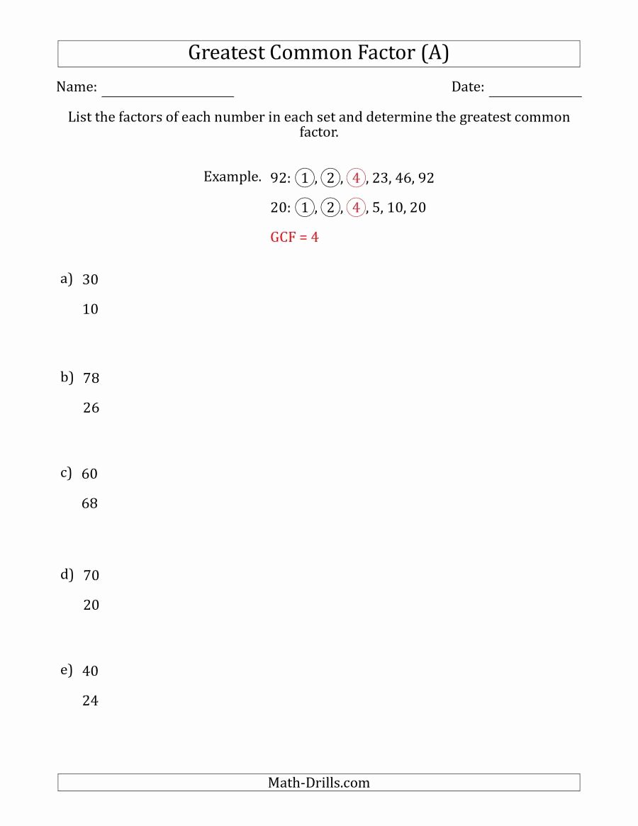 Greatest Common Factor Worksheet Beautiful Determining Greatest Mon Factors Of Sets Of Two Numbers