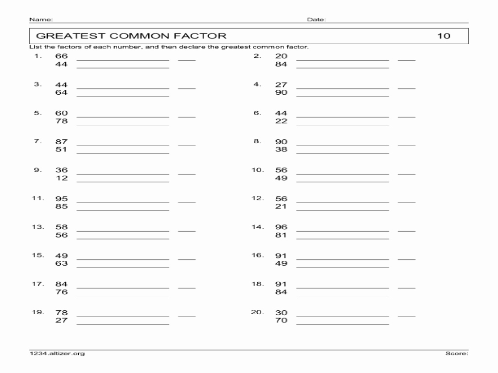 Greatest Common Factor Worksheet Best Of Greatest Mon Factor 10 Worksheet for 4th 6th Grade