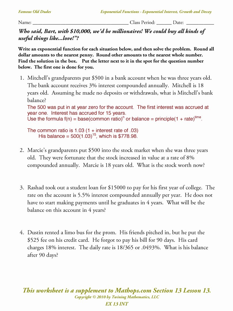 Growth and Decay Worksheet Best Of Ex 13 Int Exponential Functions Exponential Interest
