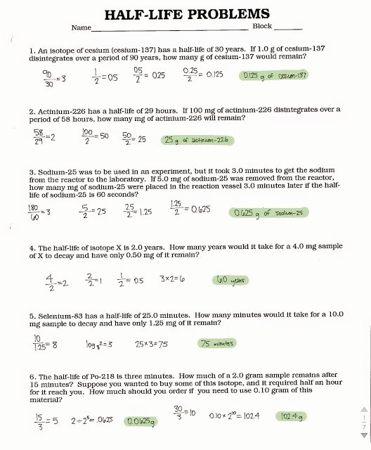 Half Life Worksheet Answers Beautiful tom Schoderbek Chemistry Half Life Problems