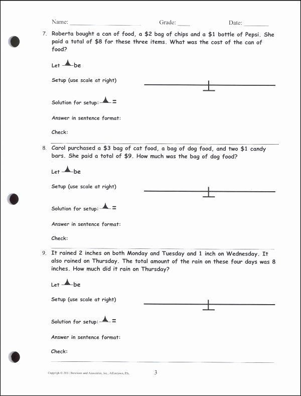 Hands On Equations Worksheet Unique Hands Equations Verbal Problems Introductory Workbook