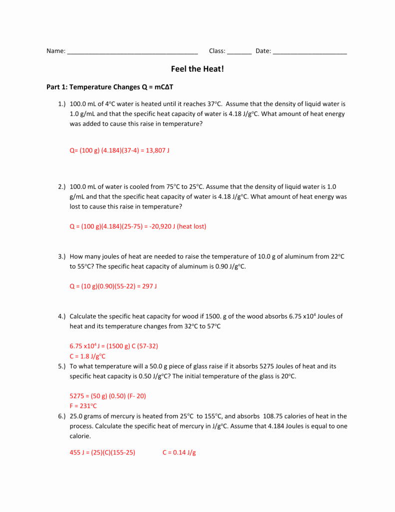 Heat and Temperature Worksheet Awesome Calculating Heat Answer Key