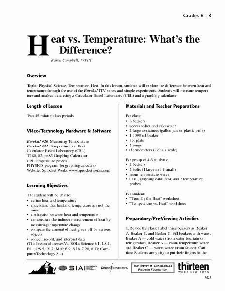 Heat and Temperature Worksheet Elegant Heat Vs Temperature What S the Difference Lesson Plan