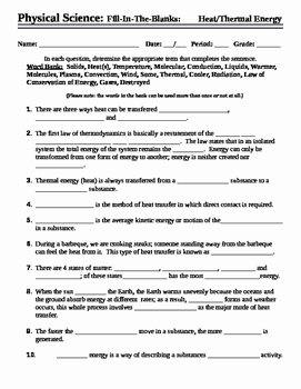 Heat and Temperature Worksheet Unique Heat and thermal Energy Worksheet Fill In the Blank