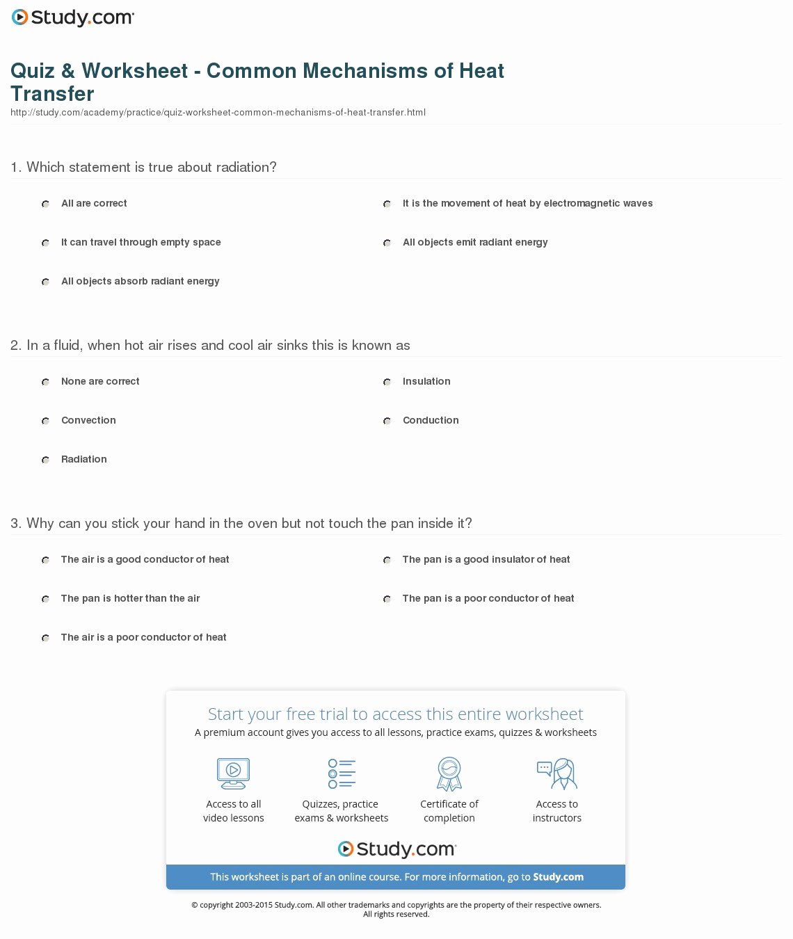 Heat Transfer Worksheet Answer Key Awesome Quiz &amp; Worksheet Mon Mechanisms Of Heat Transfer