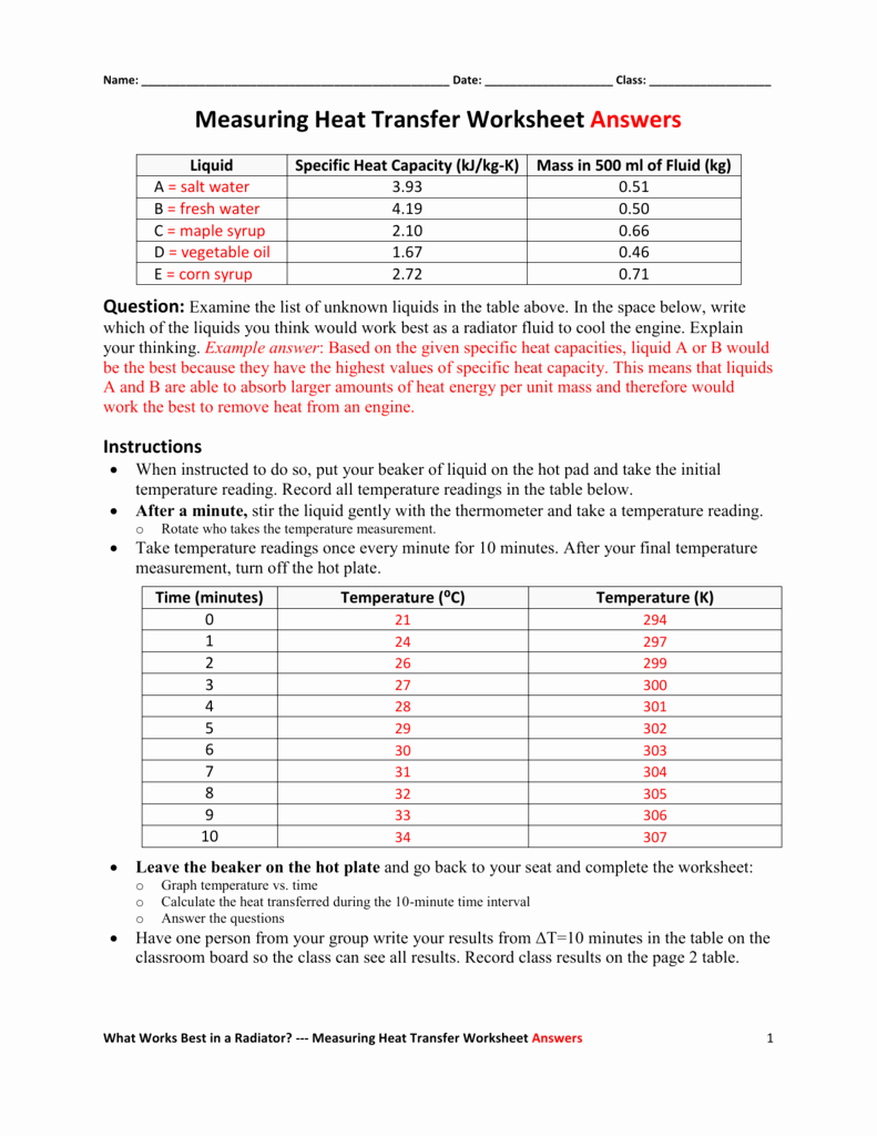 Heat Transfer Worksheet Answer Key Best Of Measuring Heat Transfer Worksheet Answers