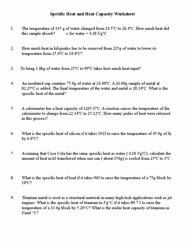 Heat Transfer Worksheet Answer Key Inspirational Heat Transferspecific Heat Problems Worksheet Answers
