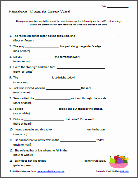 Homophones Worksheet 2nd Grade Awesome Homophones Choose the Correct Word Mamas Learning Corner