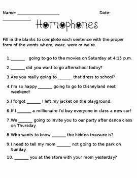 Homophones Worksheet 2nd Grade Best Of where Wear Were We Re Homophone Worksheet by Jennifer