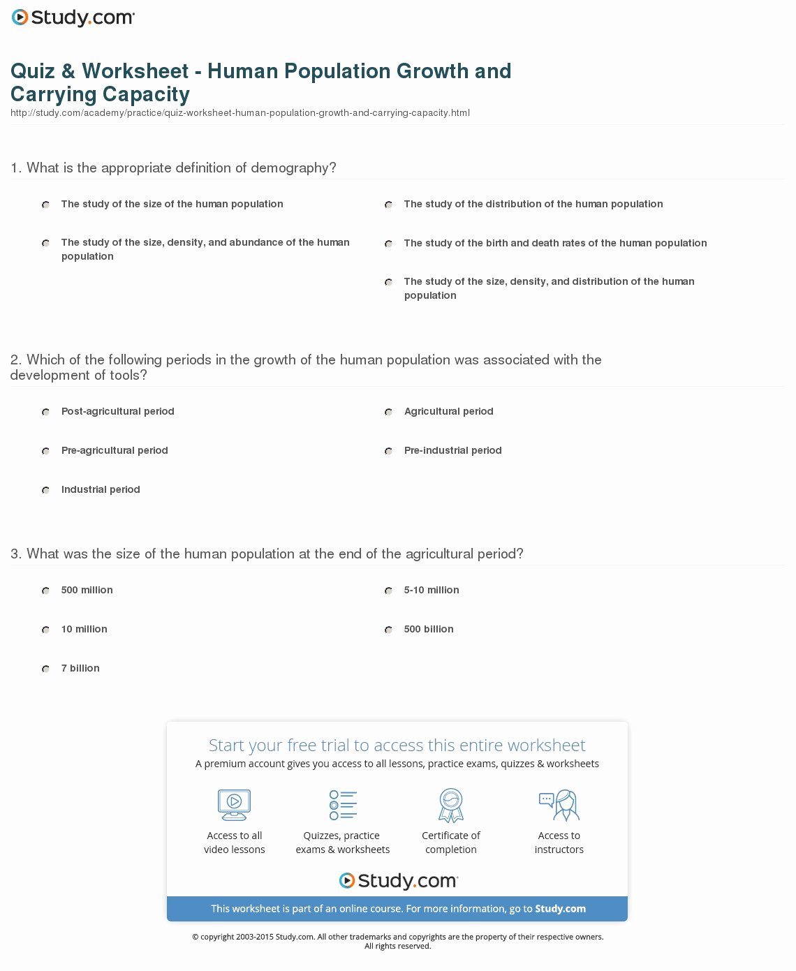 Human Population Growth Worksheet Answer Inspirational Quiz &amp; Worksheet Human Population Growth and Carrying