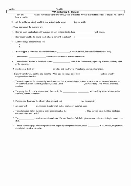 Hunting the Elements Video Worksheet Inspirational Nova Hunting the Elements Periodic Table Worksheet
