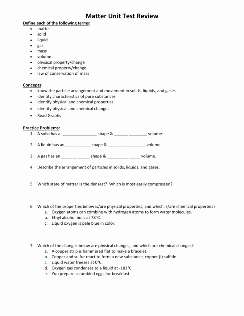 Hunting the Elements Worksheet Answers Awesome Matter Unit Test Review