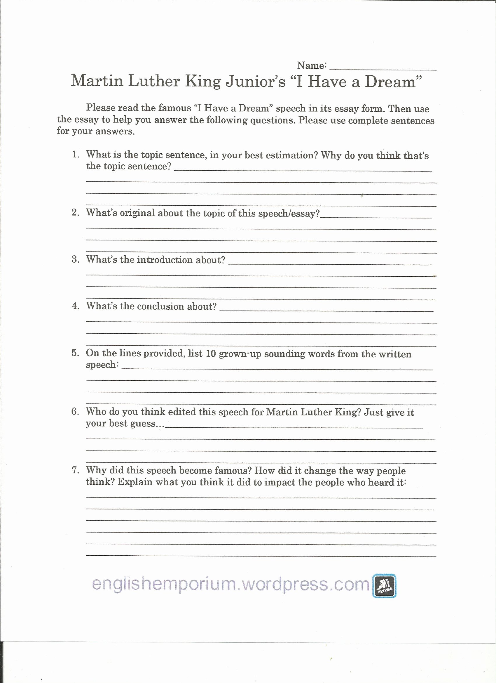 I Have A Dream Worksheet Awesome Martinlutherking Ihaveadream Speech Worksheet Part 1