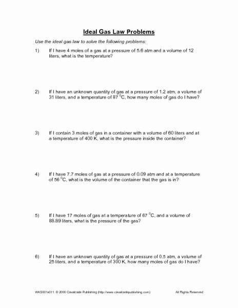 Ideal Gas Law Worksheet Elegant Ideal Gas Law Problems Worksheet for 9th Higher Ed