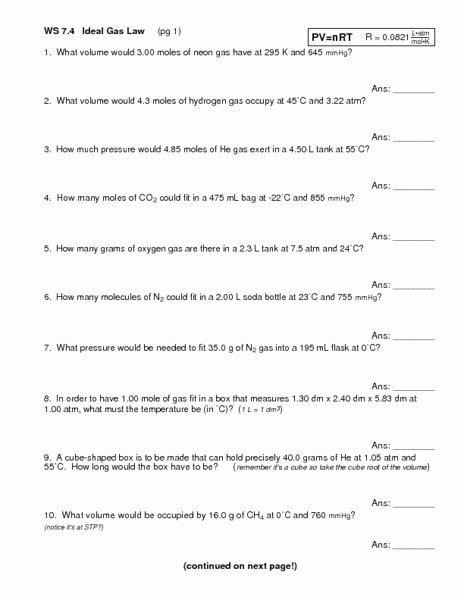 Ideal Gas Law Worksheet Inspirational Ws 7 4 Ideal Gas Law Lesson Plan for 10th 12th Grade