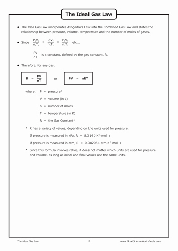 Ideal Gas Law Worksheet Lovely Gas Laws the Ideal Gas Law by Goodscienceworksheets
