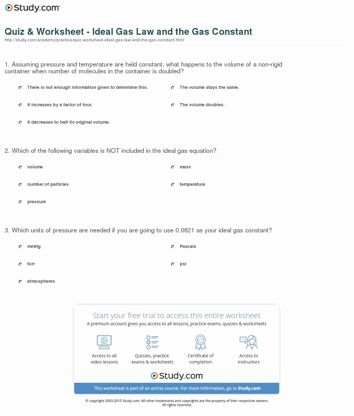 Ideal Gas Law Worksheet Lovely Quiz &amp; Worksheet Ideal Gas Law and the Gas Constant