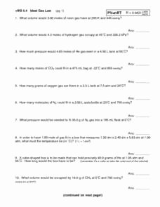 Ideal Gas Law Worksheet Luxury Ws 5 4 Ideal Gas Law 10th 12th Grade Worksheet
