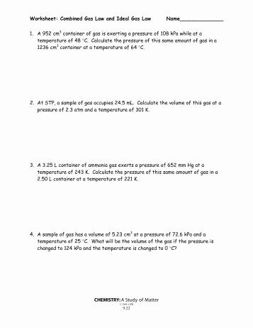 Ideal Gas Laws Worksheet Awesome Worksheet Gas Laws Chemistry at Central High School