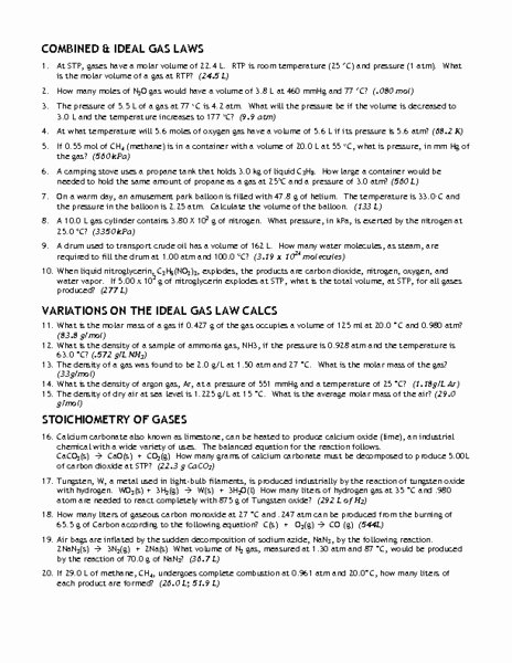 Ideal Gas Laws Worksheet Best Of Bined &amp; Ideal Gas Laws Worksheet for 12th Higher Ed
